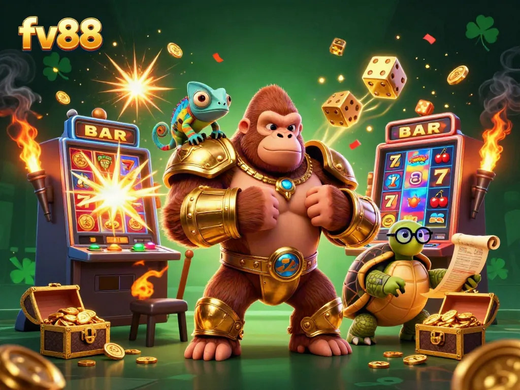 Engage with fv88's thrilling online gaming world through a vibrant 3D illustration depicting a powerful gorilla king and exciting casino elements.