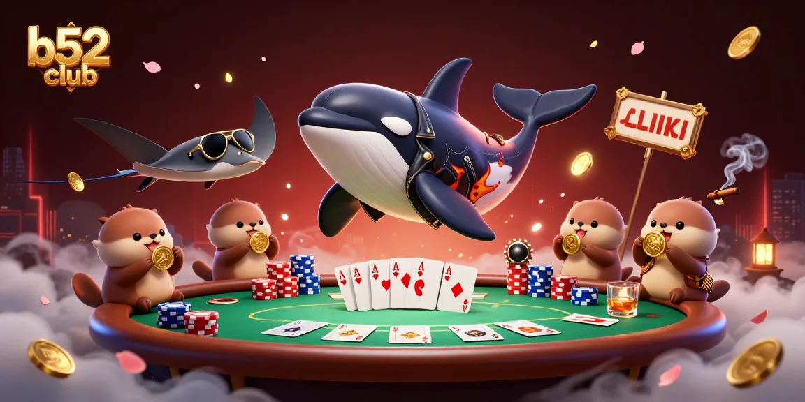 Experience thrilling gaming at b52club with cartoon characters having fun at a poker table.
