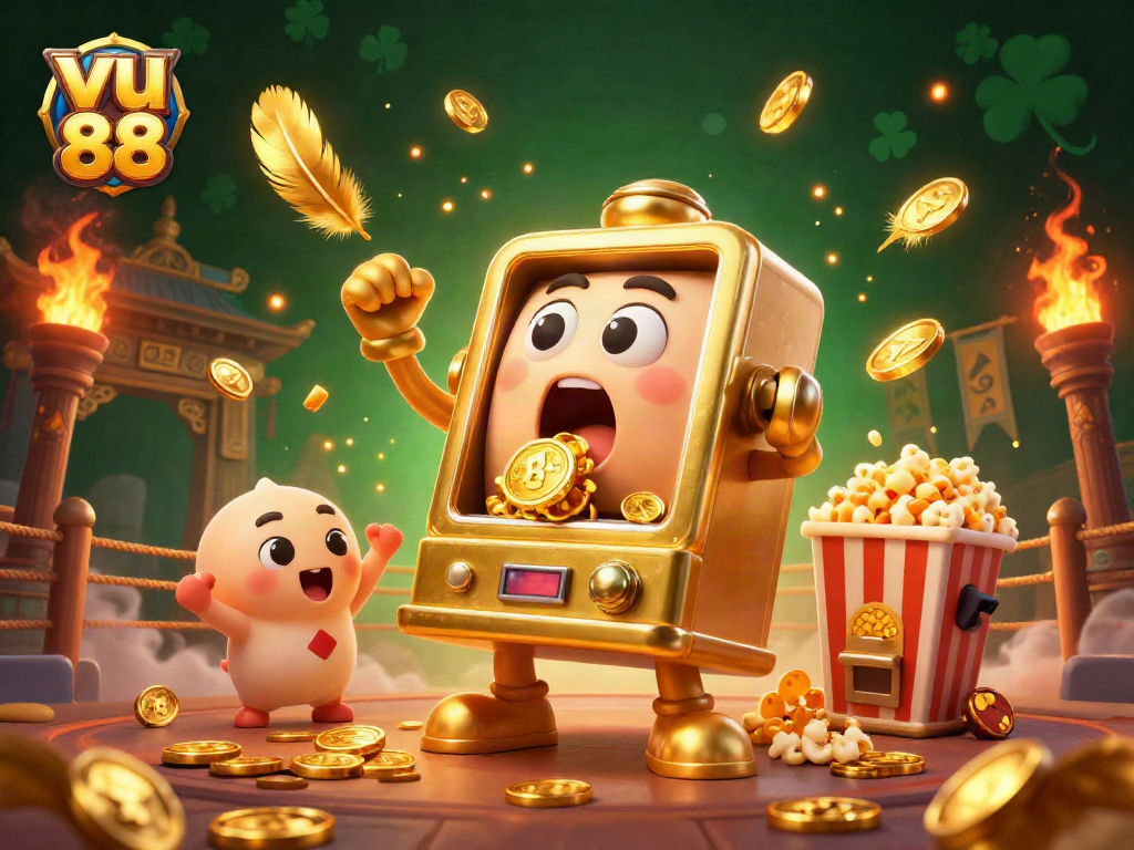 Experience the excitement of vu 88 with a golden slot machine hitting jackpots amid festive casino elements.