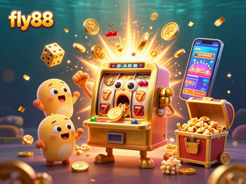 Engage with fly88's vibrant winning scene featuring a shocked golden slot machine, cascading coins, and colorful casino game elements.