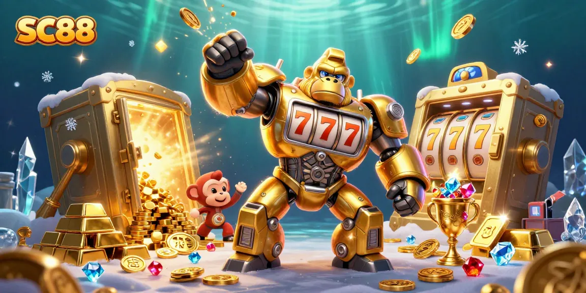 Experience the excitement of SC88 with a dynamic scene showcasing a golden gorilla mech and vibrant casino elements.