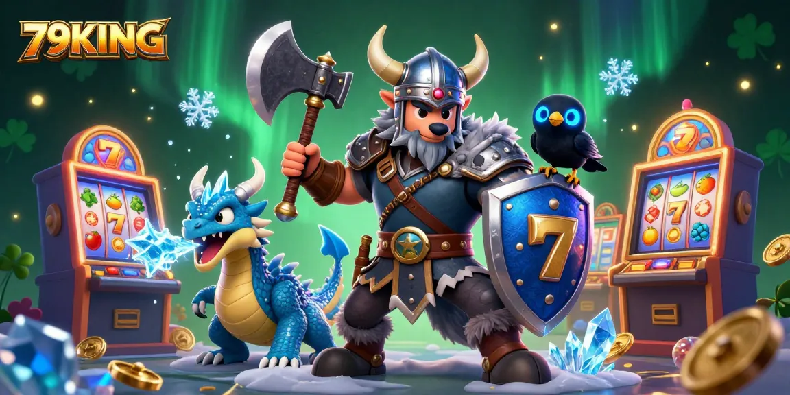 Spin the reels with 79KING’s vibrant gaming scene featuring a Viking warrior, dragon, and cartoon elements.