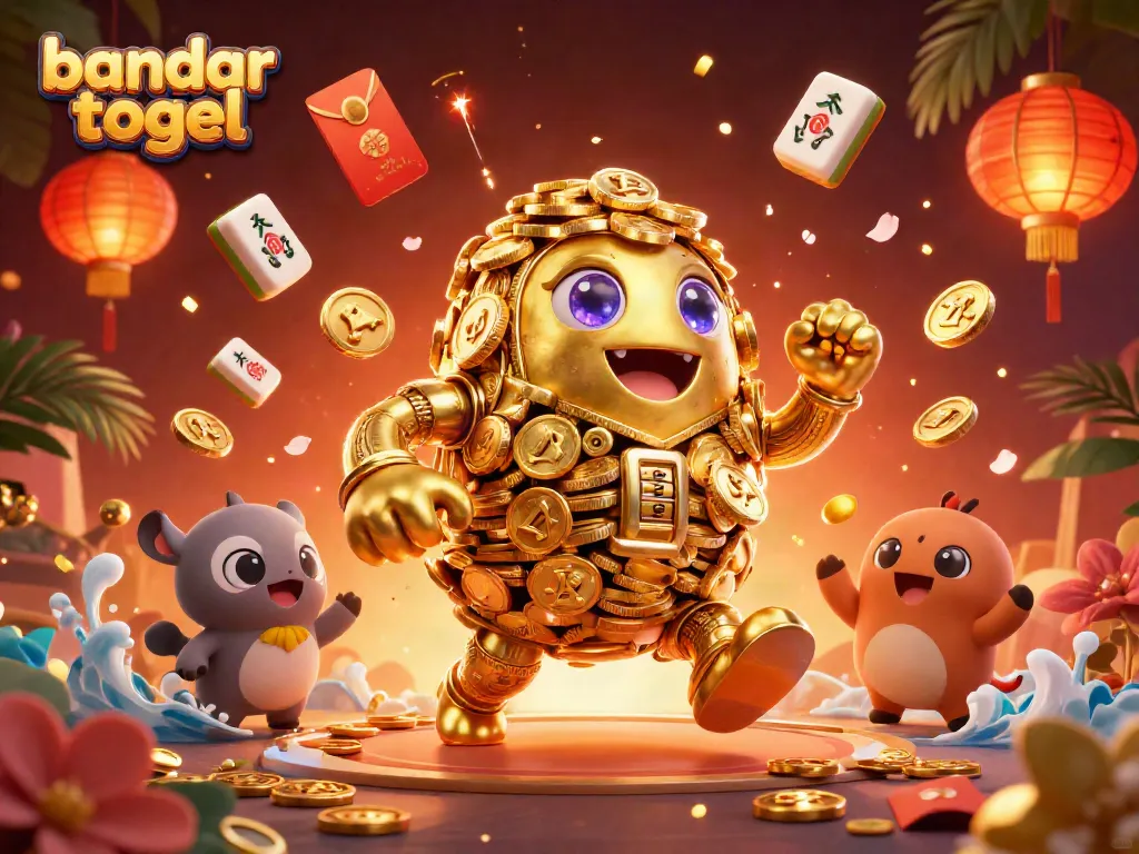Engage with thrilling bandar togel activities illustrated by a golden golem amidst casino symbols and festive elements.