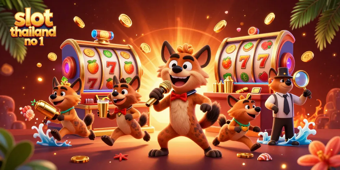Engage with slot thailand no 1 in a colorful 3D casino scene featuring lively hyenas.