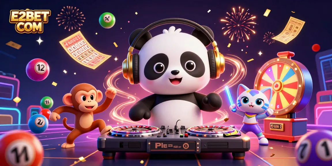 Experience the thrill of E2BET COM with lively characters and casino elements in an engaging scene.