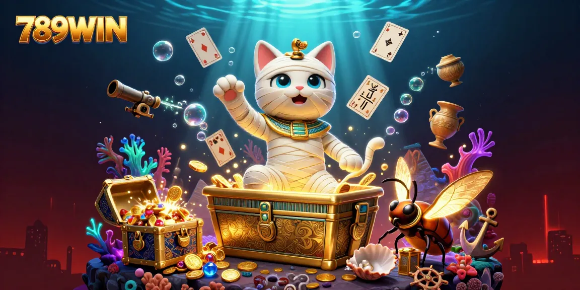 Experience the thrill of 789WIN with an Egyptian mummy cat and scarab beetle in a vibrant casino scene.