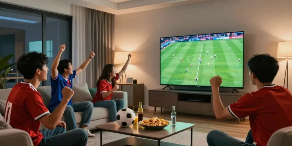 Socolive football viewing party with friends in a cozy living room