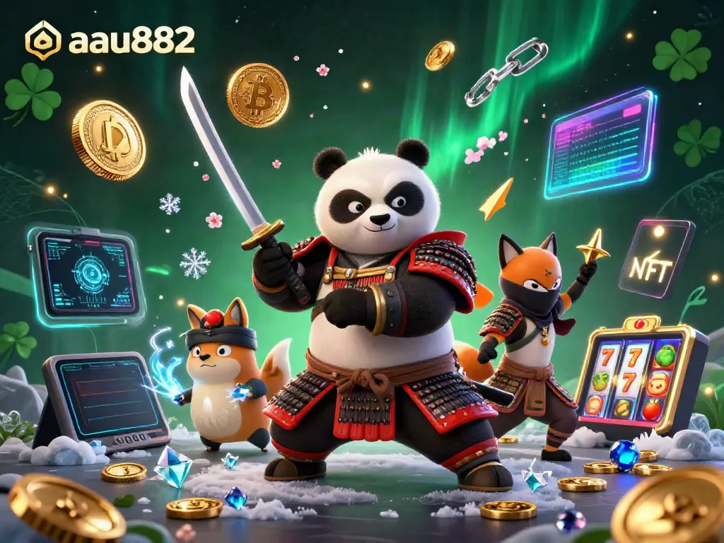 Engage with the dynamic aau882 casino world featuring samurai panda, ninja fox, and tanuki in a vibrant scene of slot reels and crypto elements.