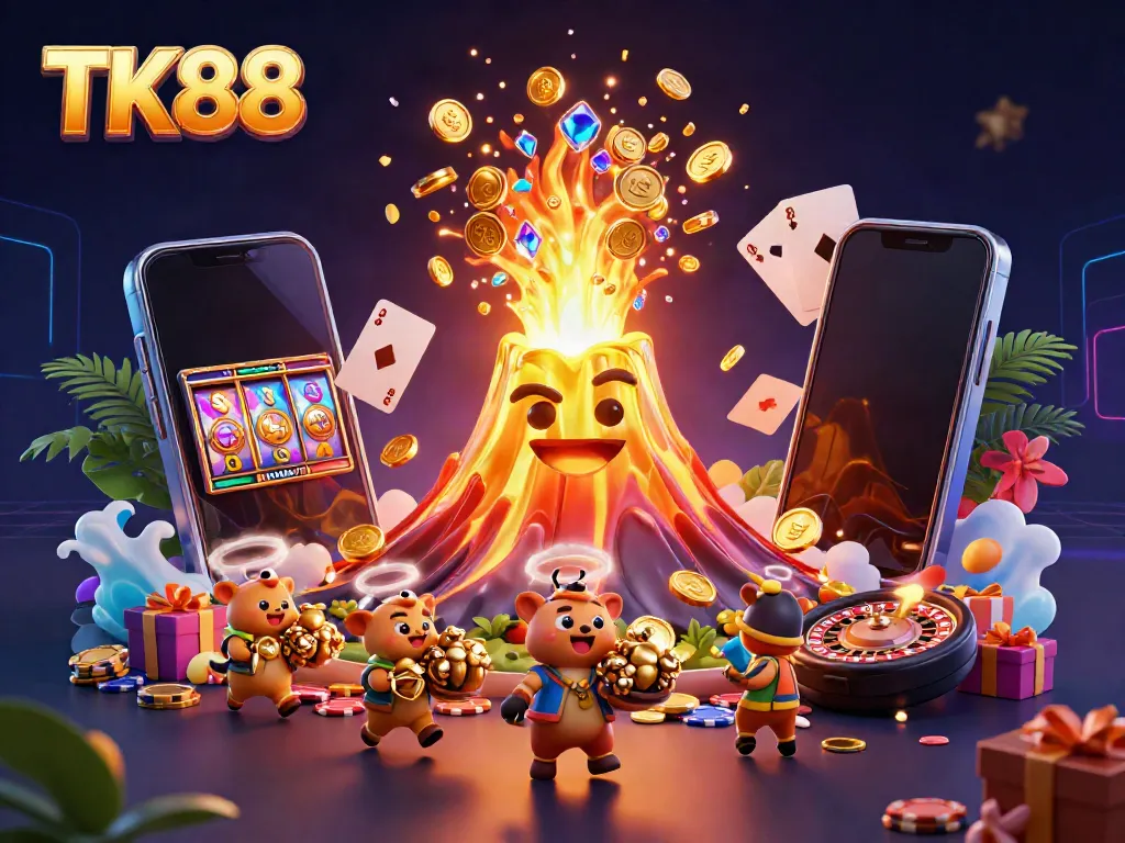 Experience thrilling wins at TK88, where golden treasures spill from a majestic volcano in a vibrant casino scene.