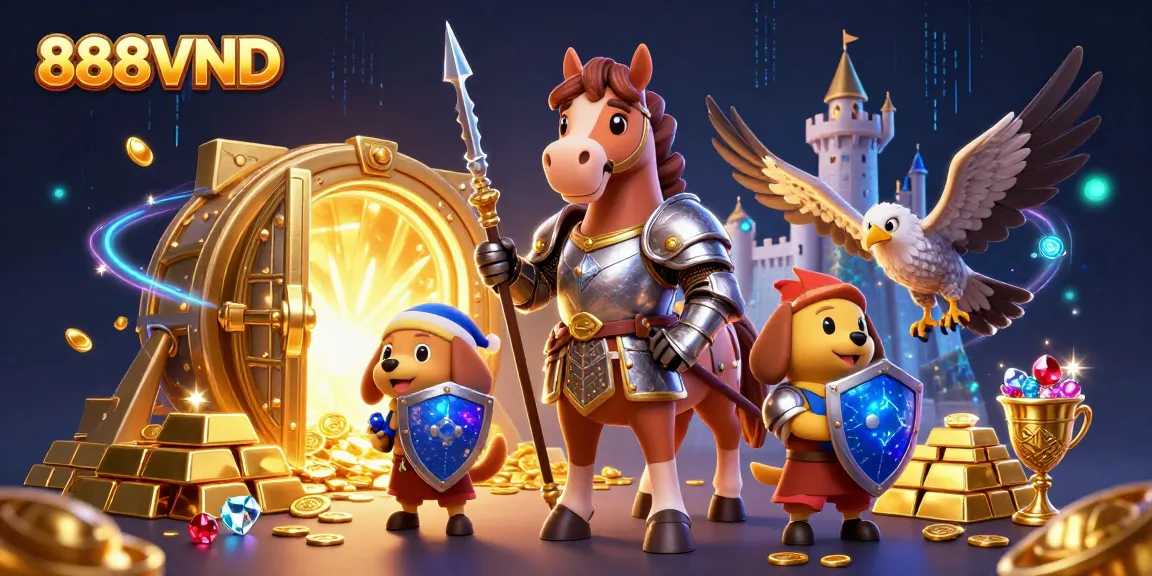 Experience the thrill of 888VND with knights and treasure in this vibrant illustrated casino scene.