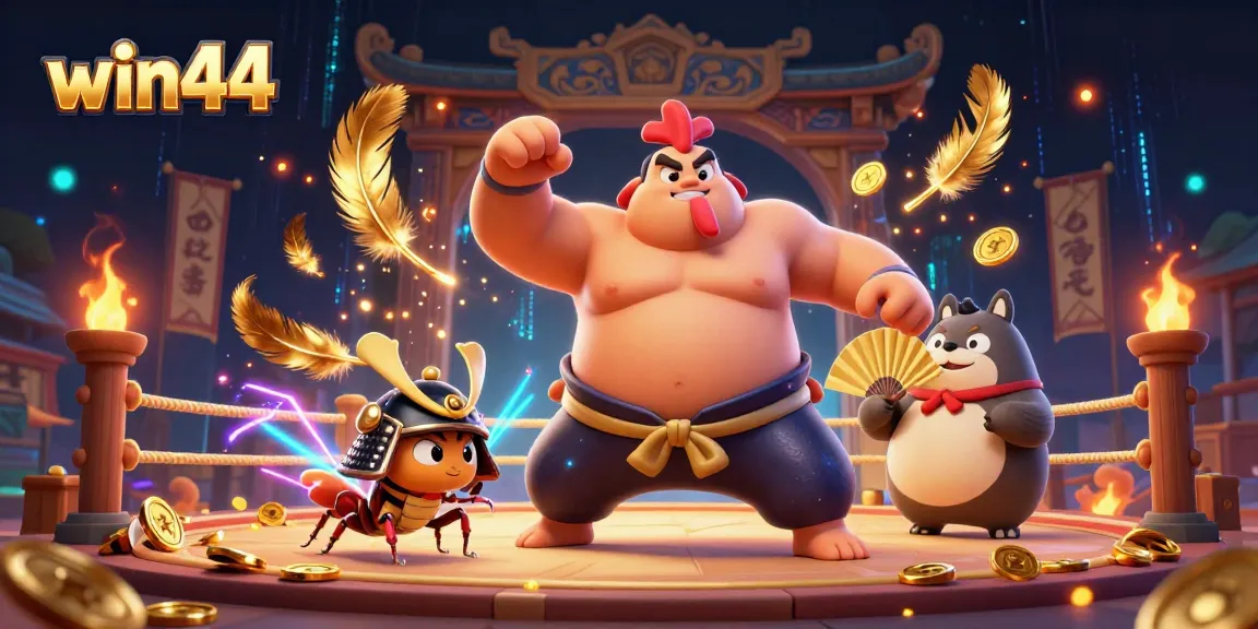 Experience the excitement of win44 with a powerful sumo wrestler, a samurai cricket, and a tanuki announcer in a vibrant casino scene.