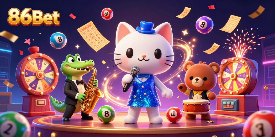 Engage with 86Bet in an exciting casino atmosphere featuring a jazz-singer cat with vibrant game elements.