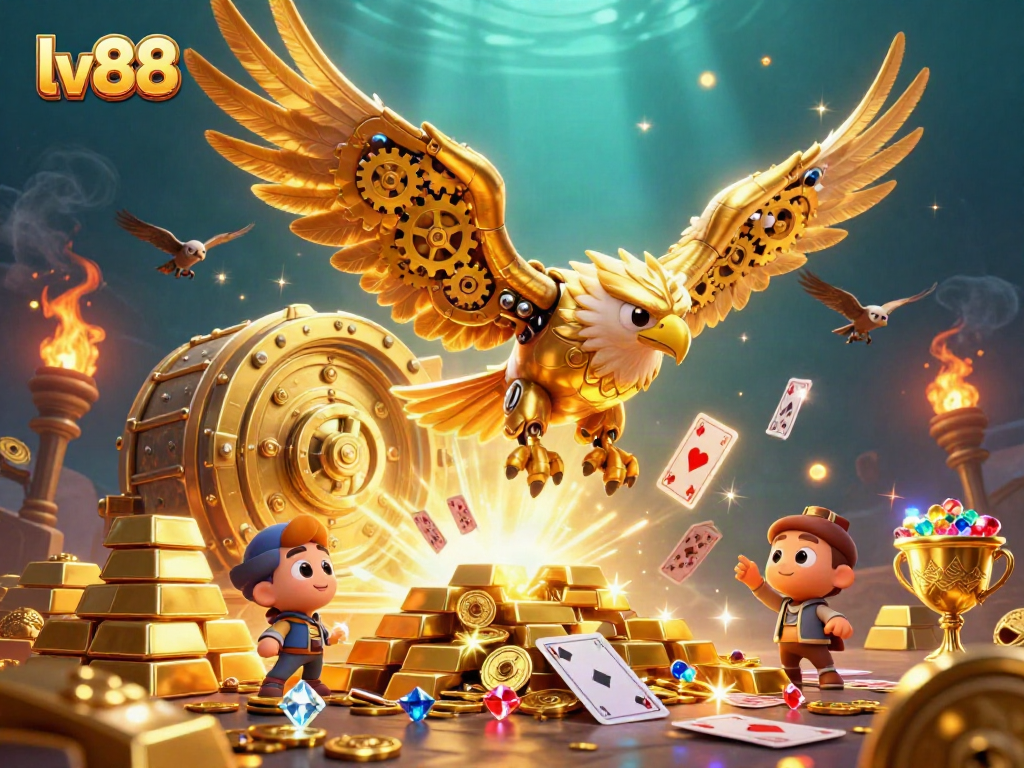 Experience the excitement of lv88 gaming with a golden eagle and treasure in this vibrant, dynamic scene.