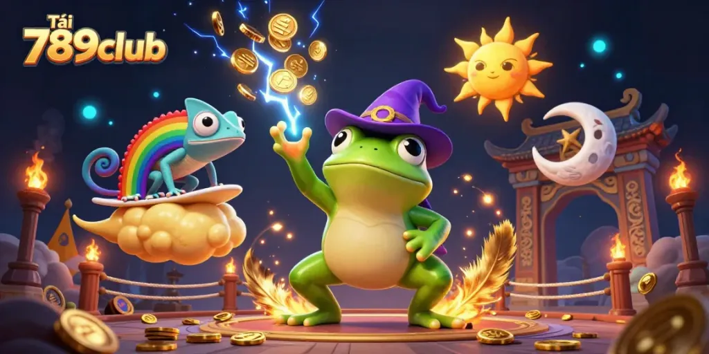 Experience the excitement of Tải 789club through a vibrant illustration of a wizard frog and gaming elements.