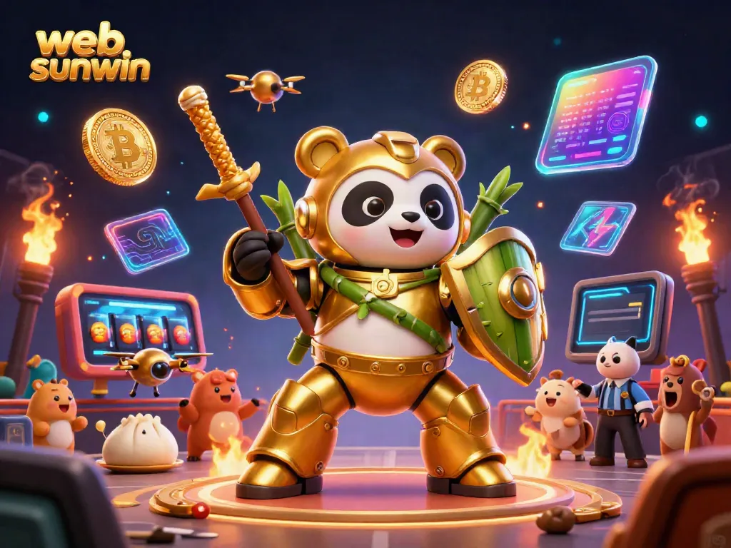 Experience thrilling gameplay with web sunwin, a vibrant casino scene featuring a golden panda in a mech suit and exciting slot elements.