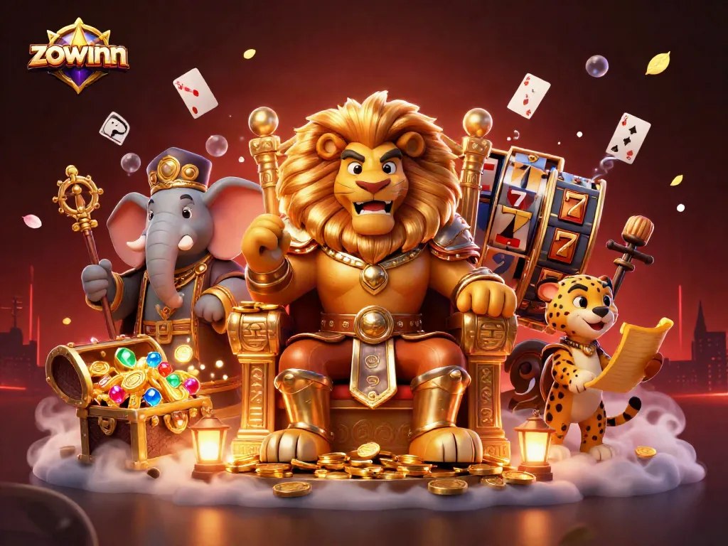 Zowinn showcases an engaging casino scene with a fierce lion king and a glittering array of slot reels.
