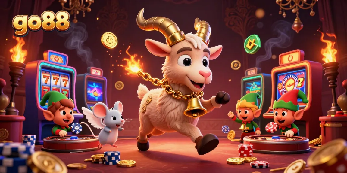 Experience thrilling gameplay at go88 with a festive casino scene featuring a Krampus goat and lively characters.