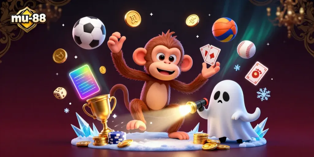 Engage with mu-88's thrilling gaming atmosphere featuring a playful ghost monkey and a curious puppy.