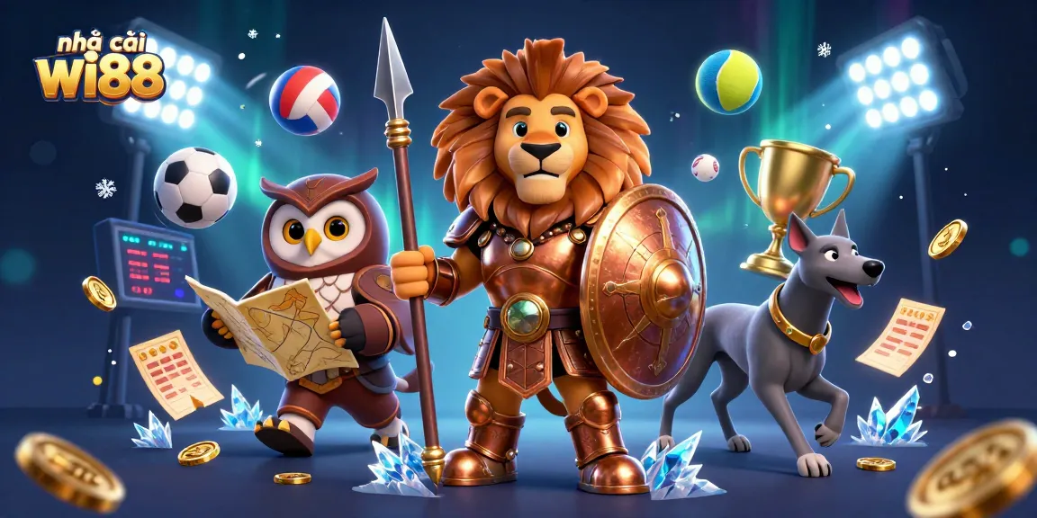Place bets at nhà cái wi88 with a captivating 3D illustration featuring sports elements and exciting gaming action.