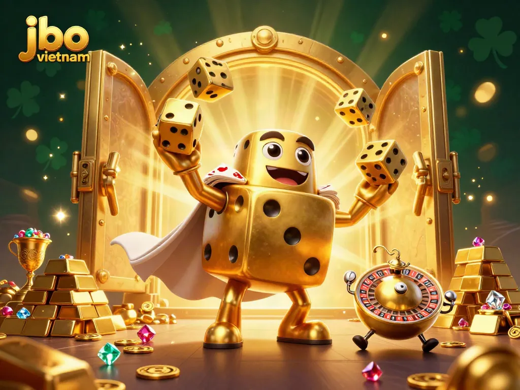 Engage with jbo vietnam through vibrant cartoon imagery of a golden dice golem juggling dice and surrounded by treasure.