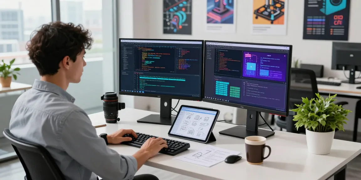 Developer using an AI image generator at a modern tech workspace with dual monitors and a vibrant coding environment