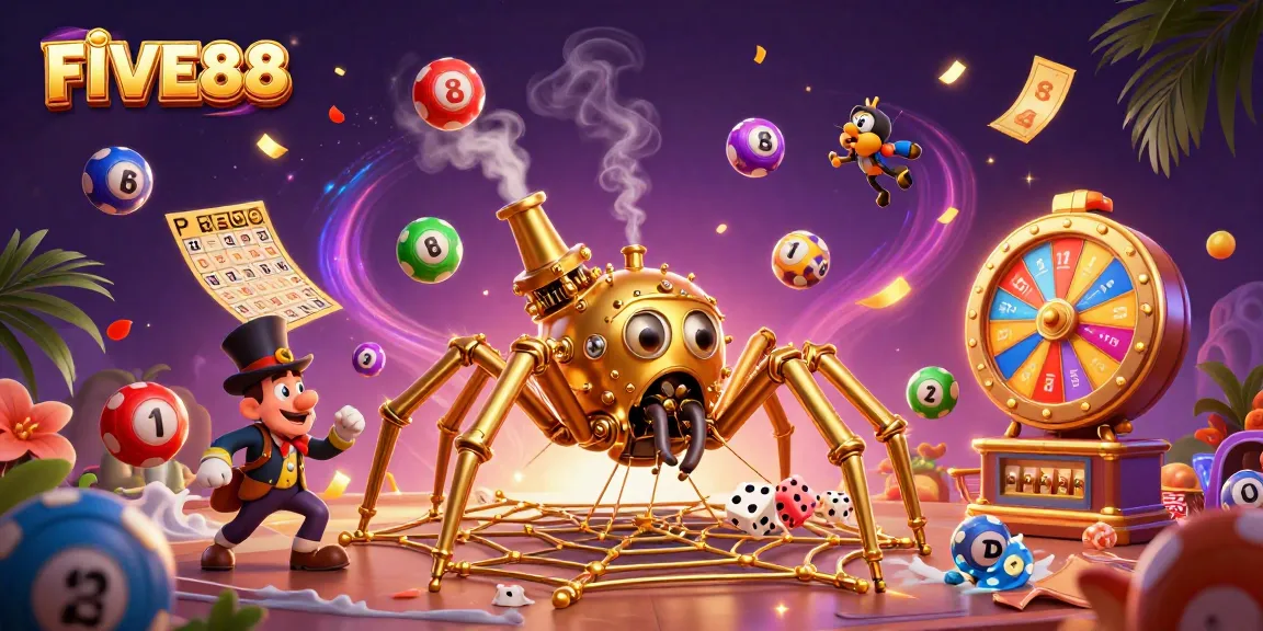 FIVE88 features a whimsical steampunk spider webbing golden chains, capturing luck in a vibrant lottery and casino scene.