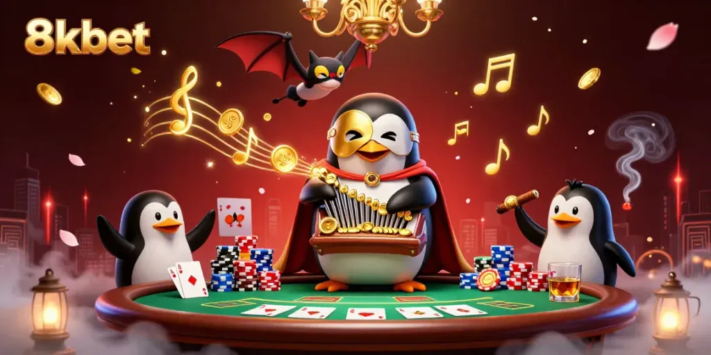 Experience excitement at 8xbet with a vibrant gambling scene showcasing dynamic casino characters and elements.