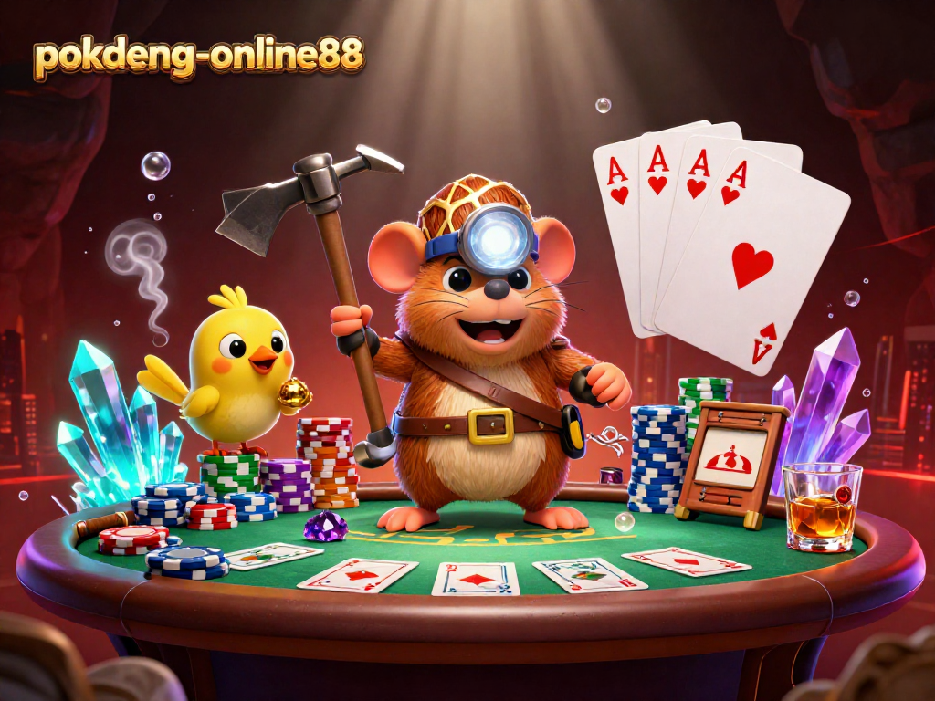 Engage in epic Pok Deng strategies at pokdeng-online88 with a vibrant 3D scene of treasure hunting and poker excitement.