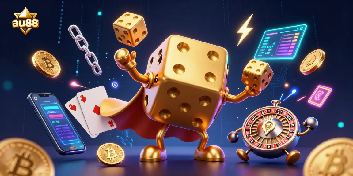 Experience thrilling games with au88's vibrant 3D illustration featuring golden dice, crypto coins, and lively casino elements.