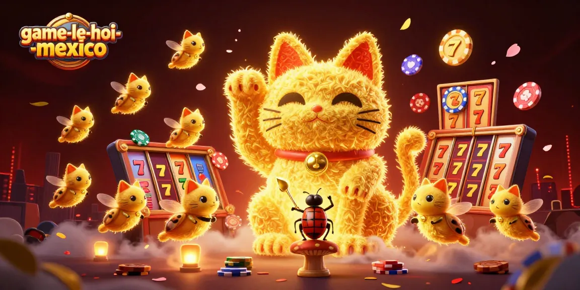 Engage in the vibrant game-le-hoi-mexico experience with dynamic slot reels and a lucky cat.