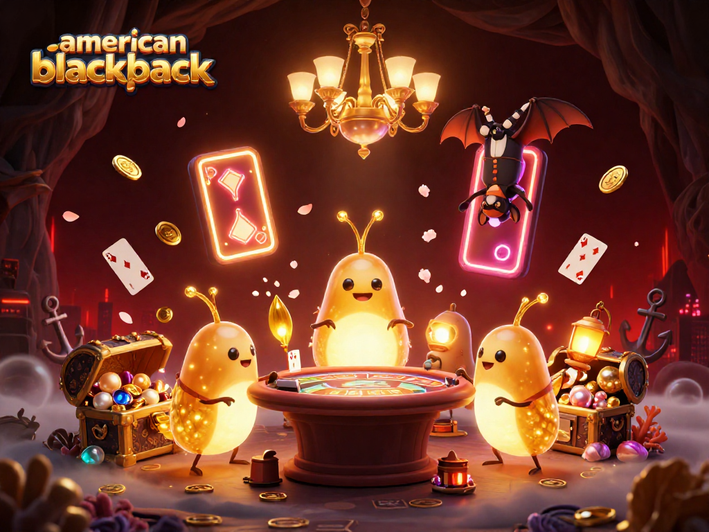 Experience american-blackjack in a vibrant cave casino with glowworms and a bat dealer in this colorful illustration.