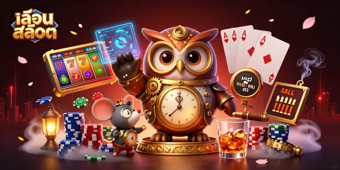 Spin the slots and play with luck as the time-traveler owl navigates a vibrant casino.