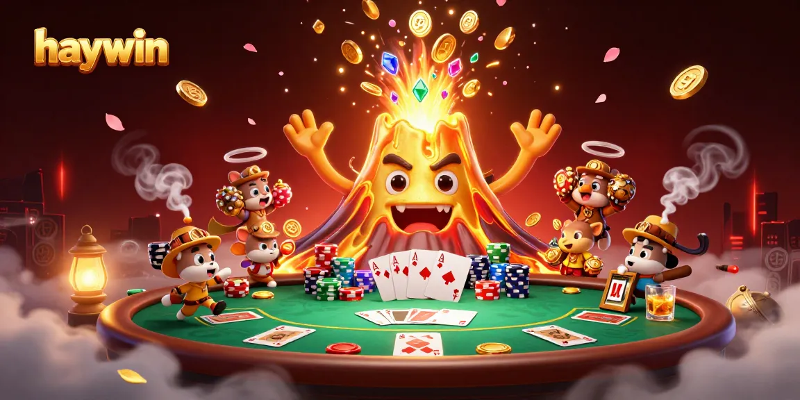 Experience exhilarating wins at haywin with vibrant casino action featuring a triumphant volcano and poker elements.