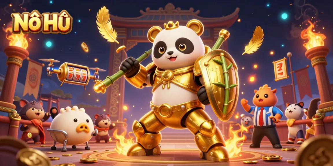 Nổ Hũ unleashes excitement in a vibrant 3D casino illustration featuring slot machines and a cheering crowd.