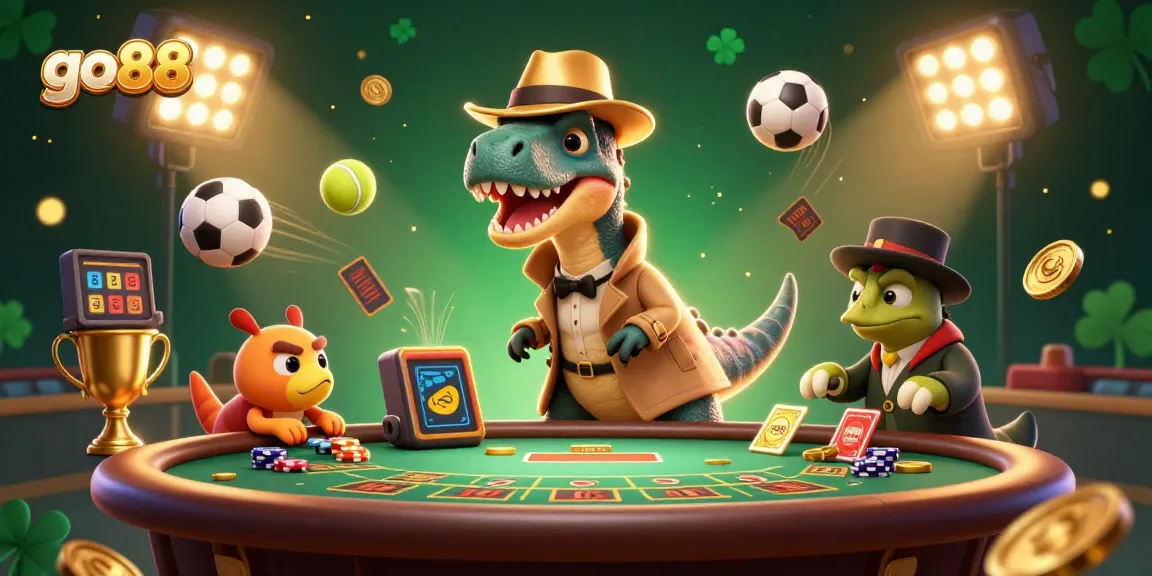 Experience the excitement of go88 with a velociraptor card counter at a blackjack table, surrounded by dynamic sports elements.