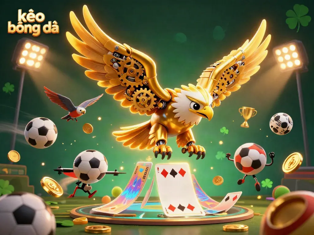 Engage with kèo bóng đá featuring a dynamic golden eagle diving through holographic sports elements in a vibrant 3D illustration.
