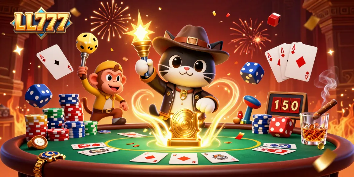 Experience LL777 action with an explorer feline discovering treasures amidst vibrant casino elements.