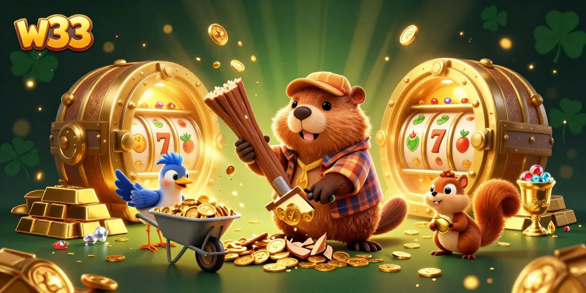 Experience excitement and fortune at w33, featuring lively casino characters collecting coins amidst gold and slot reels.