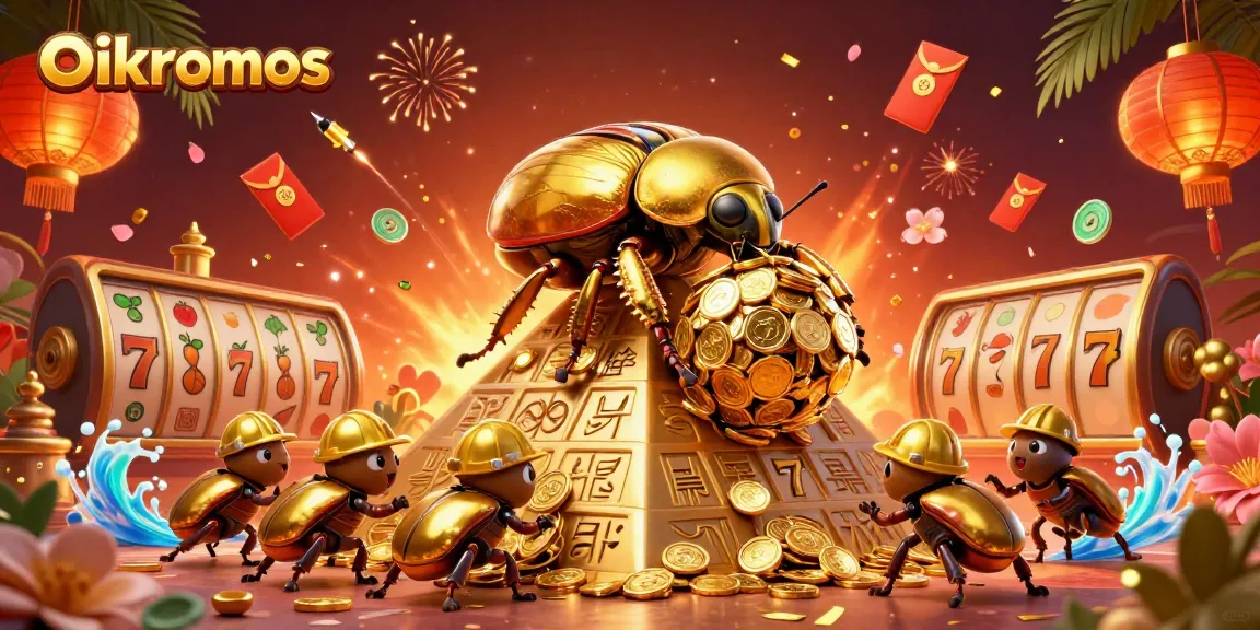 Engage with oikonomos in a vibrant 3D casino scene featuring a dung beetle and gold coins.