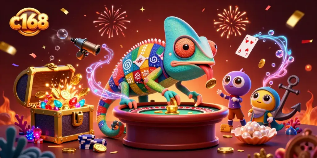 Engage with c168 players in vibrant casino action, featuring a colorful chameleon owner amidst festive game elements.