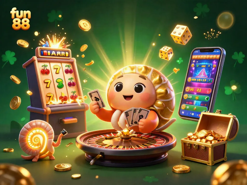 Experience the excitement of fun 88 with this vibrant casino-themed illustration bursting with dynamic game elements.