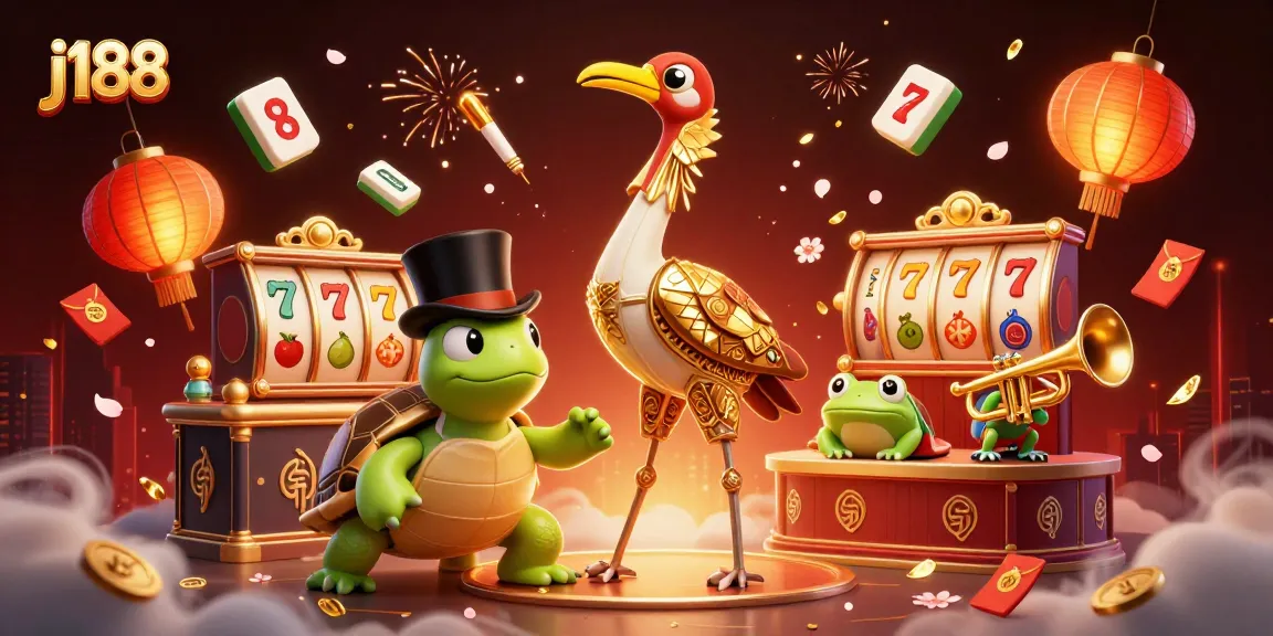 Play exciting j188 casino games with vibrant slot reels, lucky symbols, and festive atmosphere.