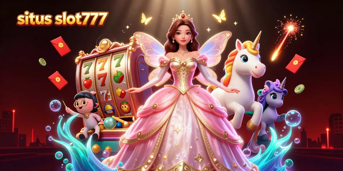 Play slots at situs slot777 with a glamorous scene featuring a princess and golden unicorn.