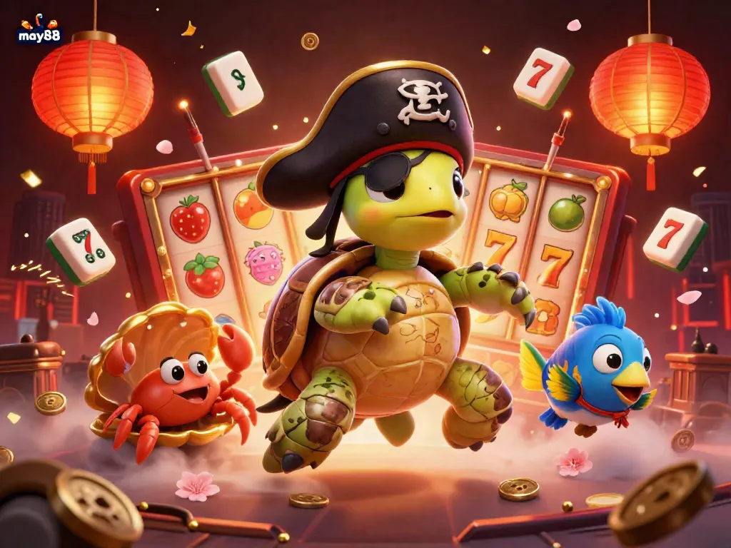 Engage in thrilling casino adventures with may88 featuring animated characters floating amidst vibrant slot games and festive decorations.