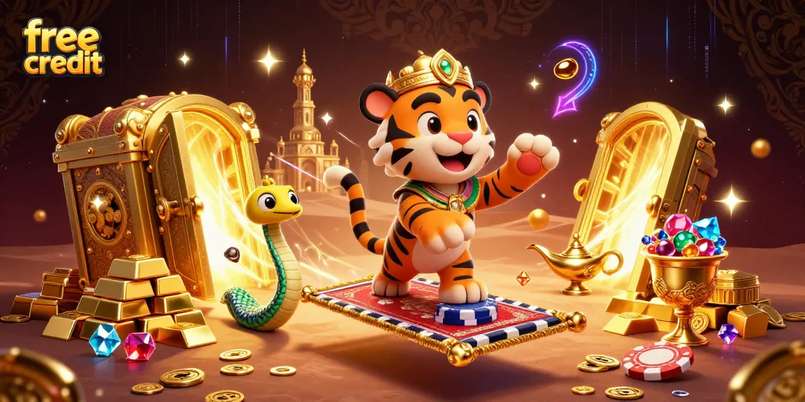 Spin the reels for free credit at top online casinos in a captivating 3D Arabian-themed scene.