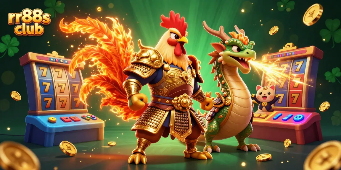 Win at rr88s club with a thrilling scene of a fighting rooster warrior beside a dragon, surrounded by vibrant casino elements.