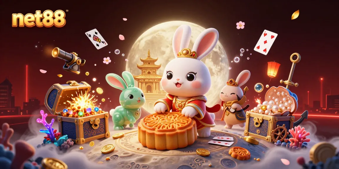 net88 illustrates a lively scene of a moon rabbit and jade companion amidst casino elements, perfect for gamblers.
