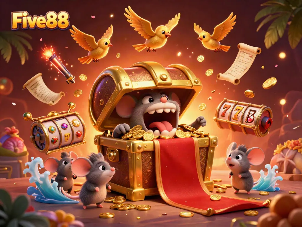 Experience the thrill of Five88 with golden treasures, spinning slots, and a vibrant atmosphere in this captivating scene.
