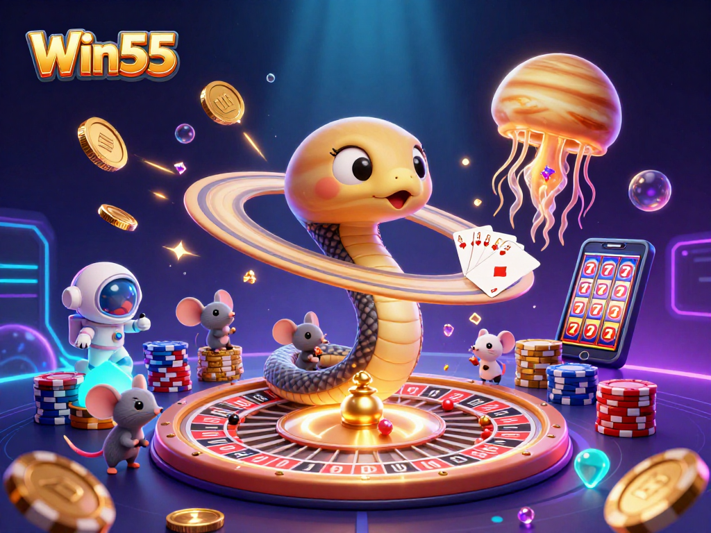 Place bets and enjoy games like roulette at Win55, featuring cosmic characters and vibrant casino elements.