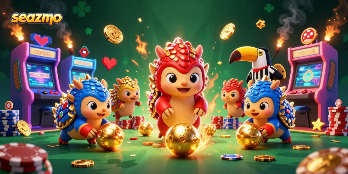 Seazmo features cartoon pangolins bowling with poker chips in a vibrant casino scene.